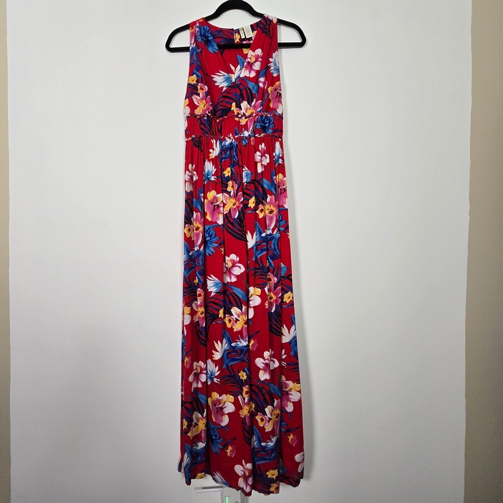 Japna Floral Maxi Dress Womens Medium Red Tropical Smocked Back Boho Summer FLAW